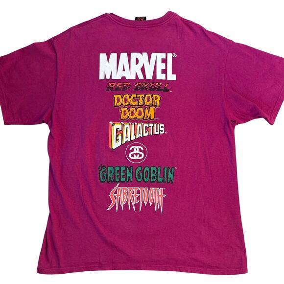 VTG Stussy x Marvel Graphic Shirt Super Heroes vs Villains Magenta Unisex XLarge - Picture 2 of 8